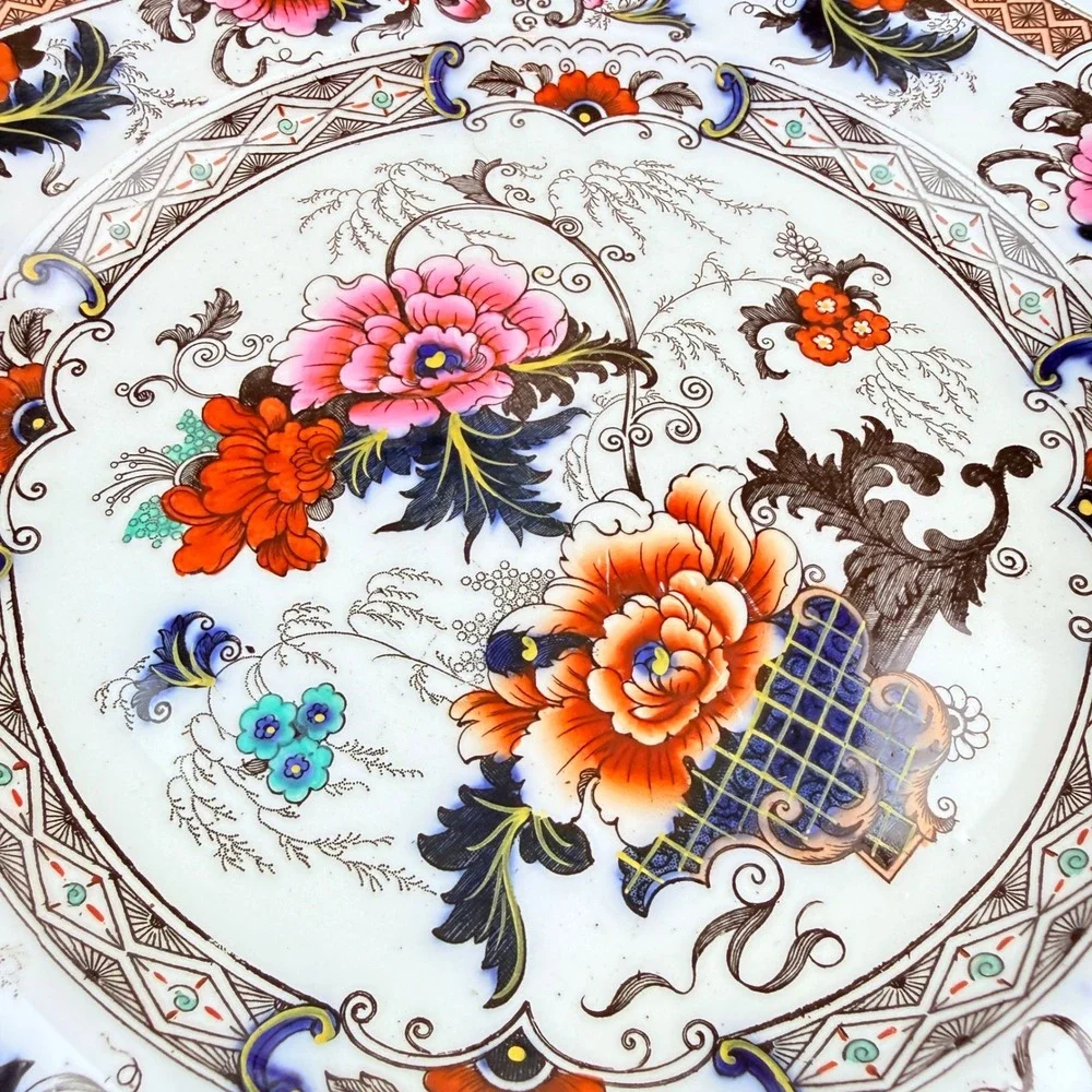 Cauldon England Antique Porcelain‎ Floral Imari Scalloped Plate Pink Orange Blue